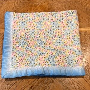 Handmade Crochet Baby Blanket Pastel Colors Satin Blue Trim 34”x35”